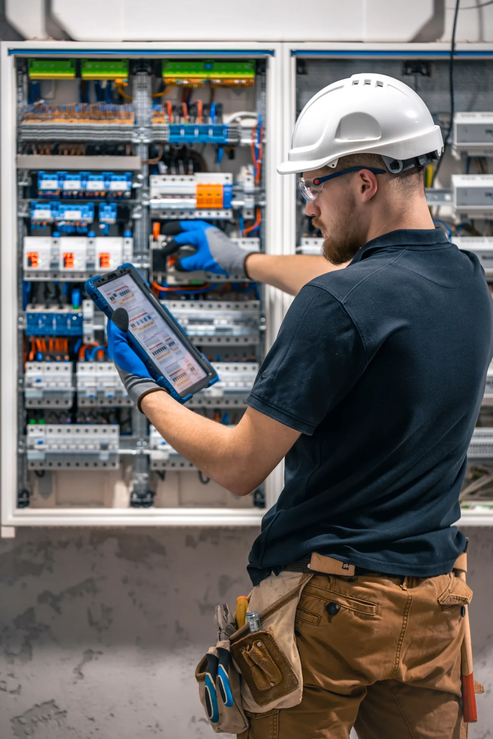 Assured Electrical engineer inspecting an electrical panel