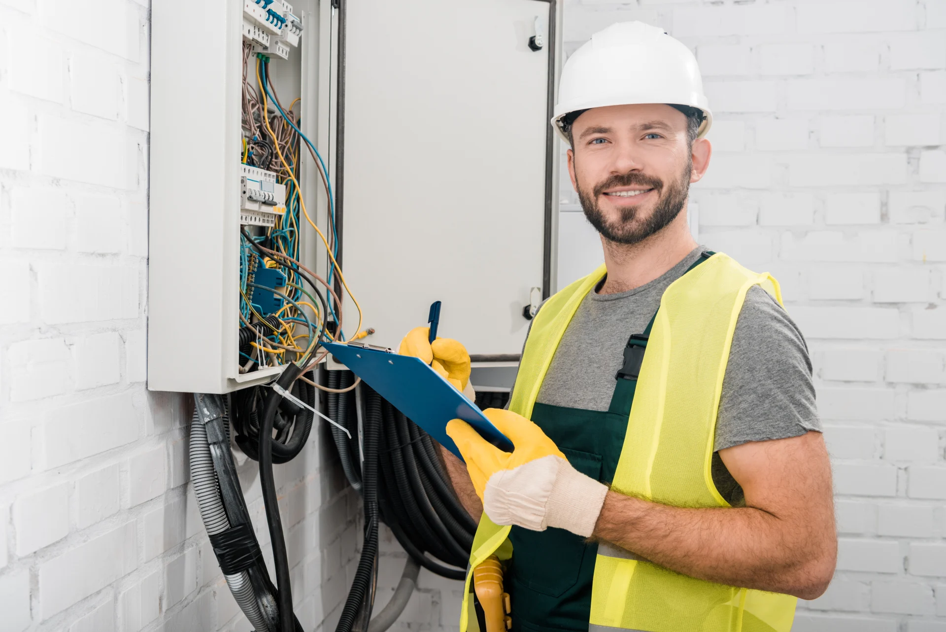 Engineer holding clipboard beside electrical installation